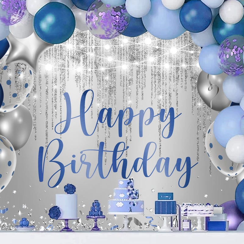 Riyidecor Royal Navy Blue Silver Happy Birthday Backdrop Party Decorations for Men Boys 7Wx5H Feet Polyester Fabric Balloon Diamond Sparkle Bday Photography Background Decor Banner Studio Photo Shoot - Image 4