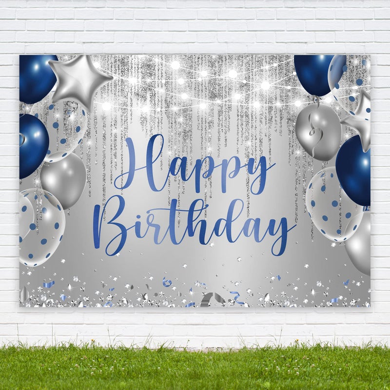 Riyidecor Royal Navy Blue Silver Happy Birthday Backdrop Party Decorations for Men Boys 7Wx5H Feet Polyester Fabric Balloon Diamond Sparkle Bday Photography Background Decor Banner Studio Photo Shoot - Image 5