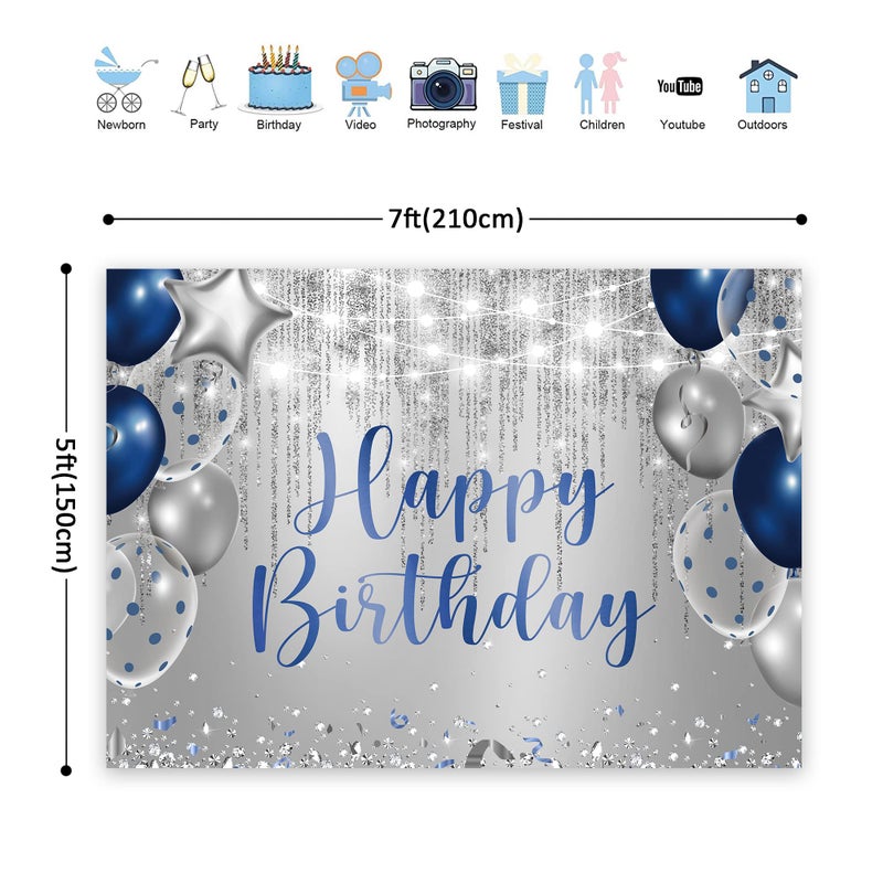 Riyidecor Royal Navy Blue Silver Happy Birthday Backdrop Party Decorations for Men Boys 7Wx5H Feet Polyester Fabric Balloon Diamond Sparkle Bday Photography Background Decor Banner Studio Photo Shoot - Image 2