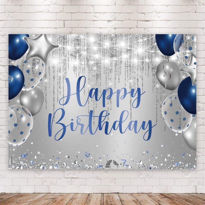 Riyidecor Royal Navy Blue Silver Happy Birthday Backdrop Party Decorations for Men Boys 7Wx5H Feet Polyester Fabric Balloon Diamond Sparkle Bday Photography Background Decor Banner Studio Photo Shoot - Image 3