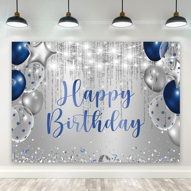 Riyidecor Royal Navy Blue Silver Happy Birthday Backdrop Party Decorations for Men Boys 7Wx5H Feet Polyester Fabric Balloon Diamond Sparkle Bday Photography Background Decor Banner Studio Photo Shoot - Image 1