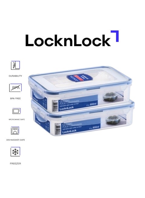 LocknLock Classic Airtight Rectangular Containers 800ml Set of 2 - BPA-Free, Microwave & Freezer Safe