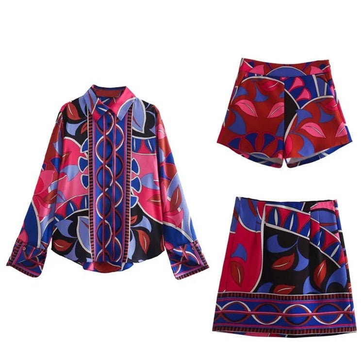 Cross-border Foreign Trade 2022 Summer New Womens Printed Loose Shirt Shorts Half-length Skirt Set Skirt  - Image 3