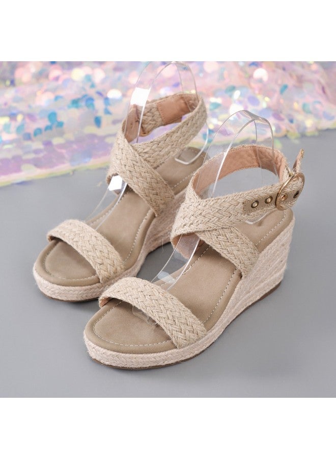 Summer Woven Wedge Sandals With Cross Straps, Open Toe, Thick Sole, Straw, Beach Vacation, Fashionable, Height-increasing, Casual, Versatile