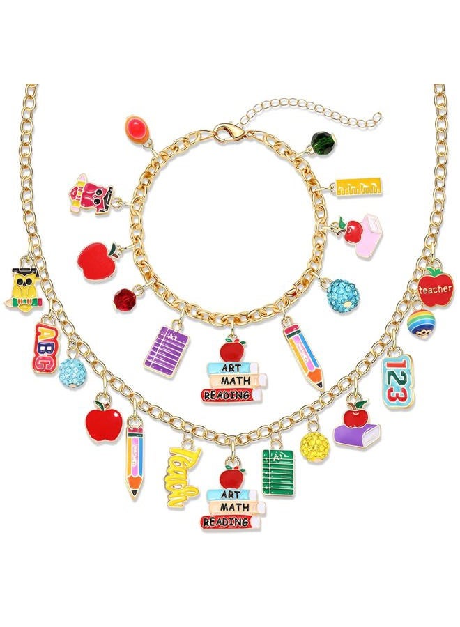 YAHPERN Teacher Necklace Earrings Bracelet for Women, Teacher Accessories, Cute Apple Pencil Book Charms Bracelet Choker Necklace Apple Earrings Teacher Appreciation Gifts Back To School Jewelry, Zinc - Image 1