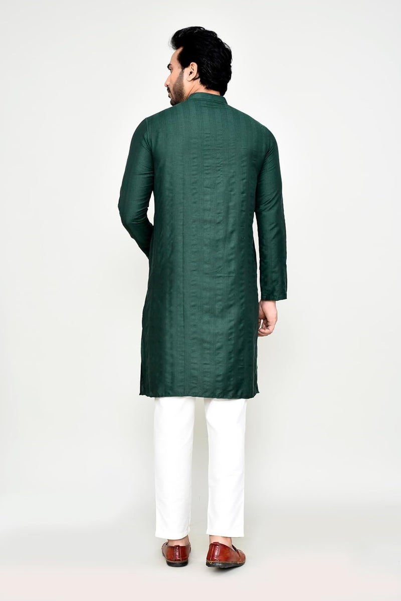 Polyfab Men's Cotton Jacquard Striped Kurta with Full Sleeves & Mandarin Collar - Image 2
