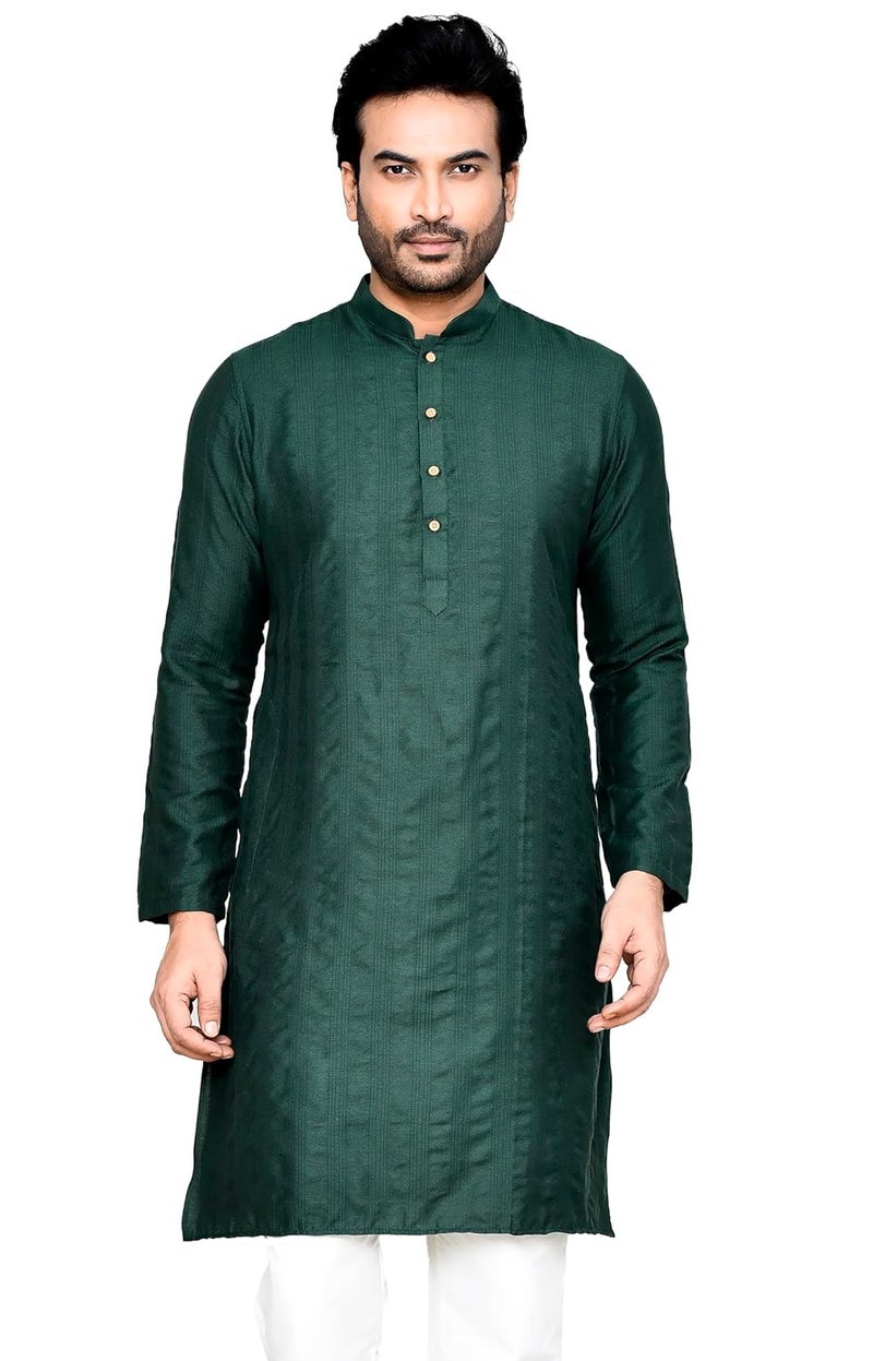 Polyfab Men's Cotton Jacquard Striped Kurta with Full Sleeves & Mandarin Collar - Image 1