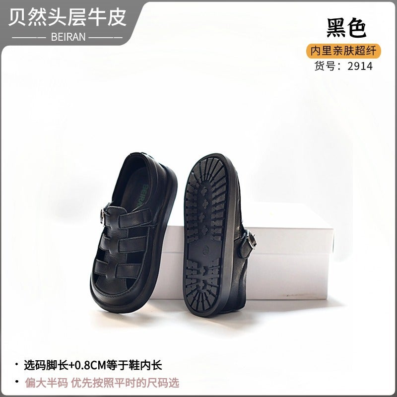 Children'S Semi Sandals Loopholes Roman Boys And Girls Black White Leather Shoes Leather Breathable Non-Slip Soft Bottom Baotou - Image 1