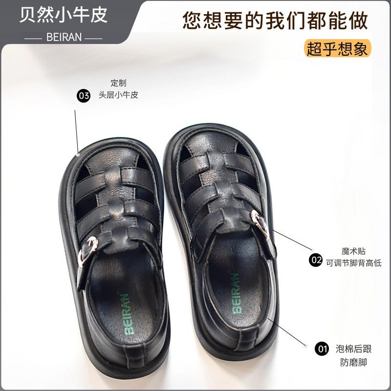 Children'S Semi Sandals Loopholes Roman Boys And Girls Black White Leather Shoes Leather Breathable Non-Slip Soft Bottom Baotou - Image 5