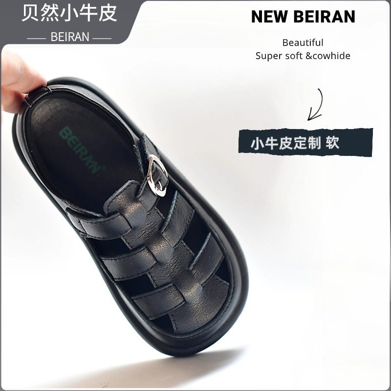 Children'S Semi Sandals Loopholes Roman Boys And Girls Black White Leather Shoes Leather Breathable Non-Slip Soft Bottom Baotou - Image 4