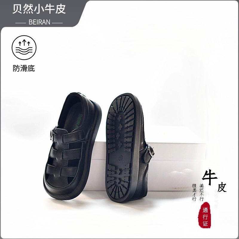 Children'S Semi Sandals Loopholes Roman Boys And Girls Black White Leather Shoes Leather Breathable Non-Slip Soft Bottom Baotou - Image 2