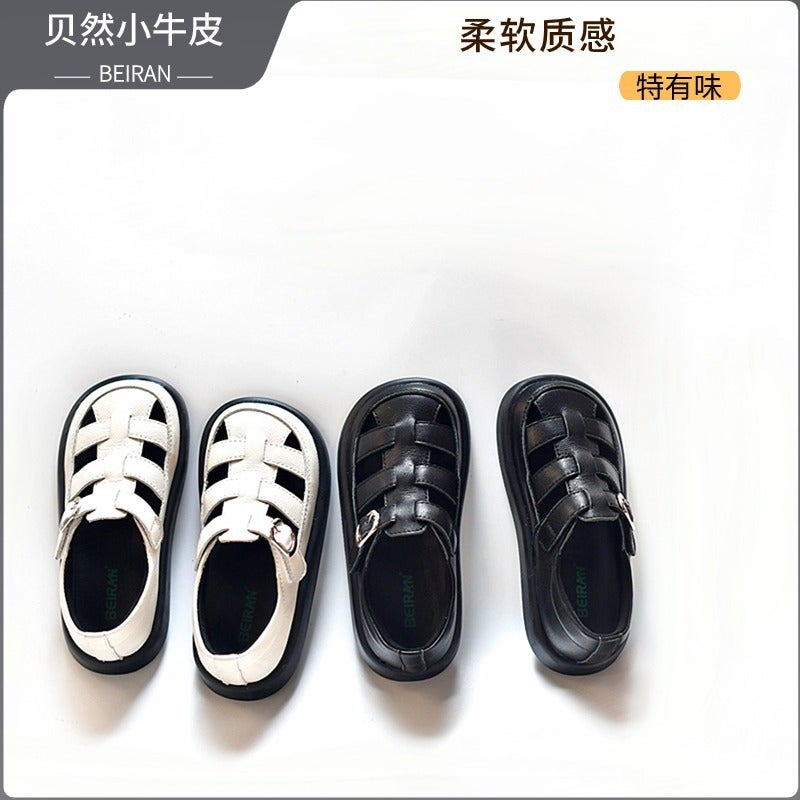 Children'S Semi Sandals Loopholes Roman Boys And Girls Black White Leather Shoes Leather Breathable Non-Slip Soft Bottom Baotou - Image 3