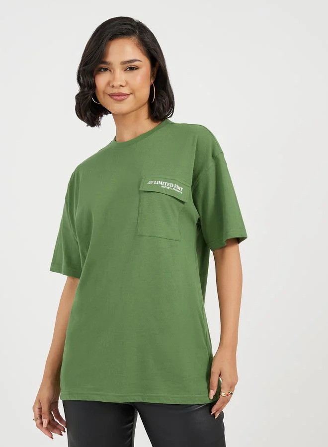 Styli Oversized Forward Shoulder T-Shirt with Pocket and Short Sleeve