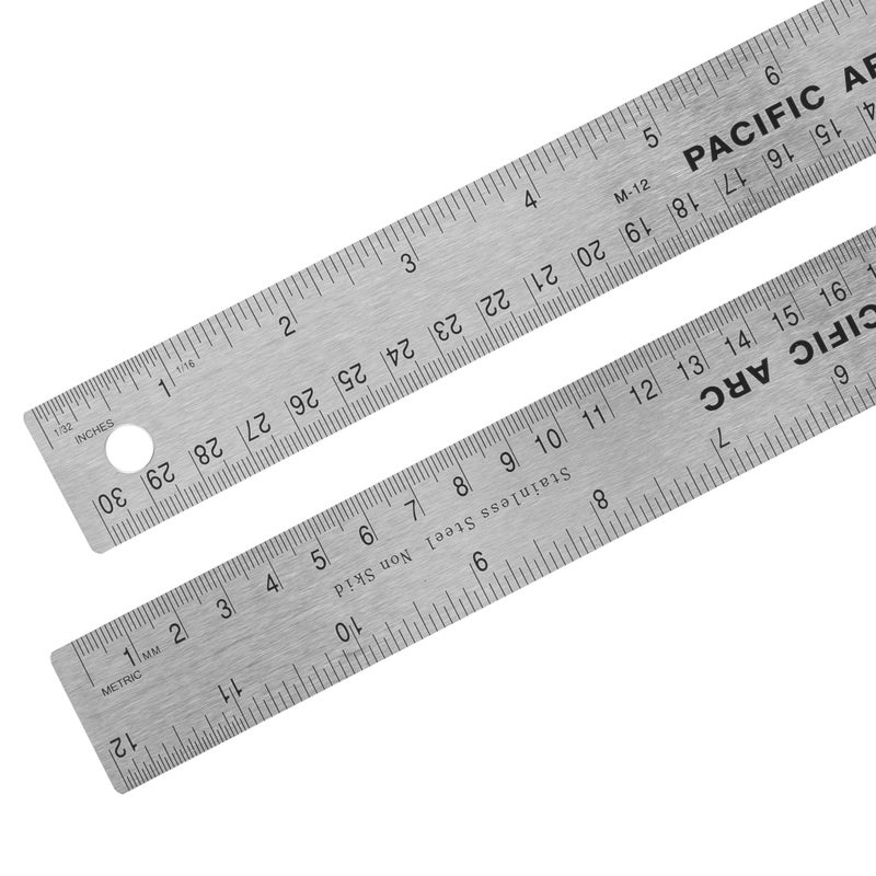 Pacific Arc Stainless Steel 12 Inch Metal Ruler NonSlip Cork Back with Inch and Metric Graduations
