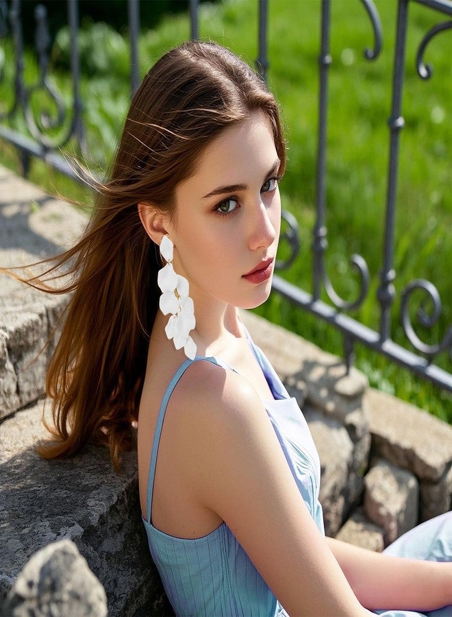 Rbenxia 1 Pair of Long Acrylic Rose Petal Dangle Earrings Rose Flower Earrings Drop Statement Layered Floral Petal Earrings for Women (White) - Image 5