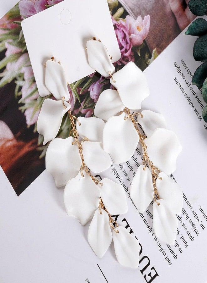 Rbenxia 1 Pair of Long Acrylic Rose Petal Dangle Earrings Rose Flower Earrings Drop Statement Layered Floral Petal Earrings for Women (White) - Image 3
