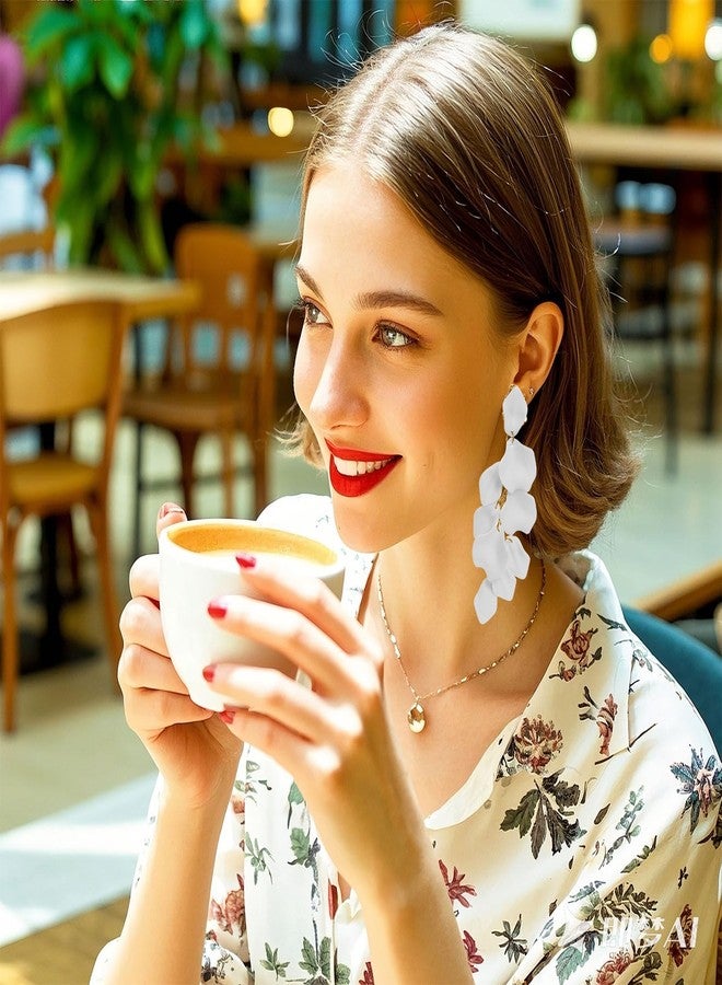 Rbenxia 1 Pair of Long Acrylic Rose Petal Dangle Earrings Rose Flower Earrings Drop Statement Layered Floral Petal Earrings for Women (White) - Image 4