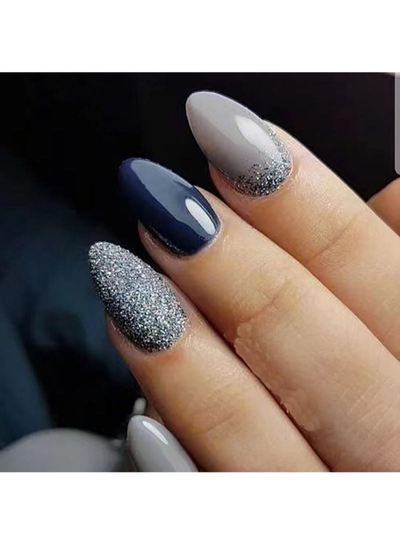 SCHAVO Blue Gray Glitter 24Pcs Short Fake Nails 24Pcs Nail Kit for Girls - Image 1