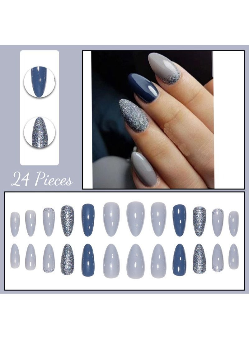 SCHAVO Blue Gray Glitter 24Pcs Short Fake Nails 24Pcs Nail Kit for Girls - Image 2