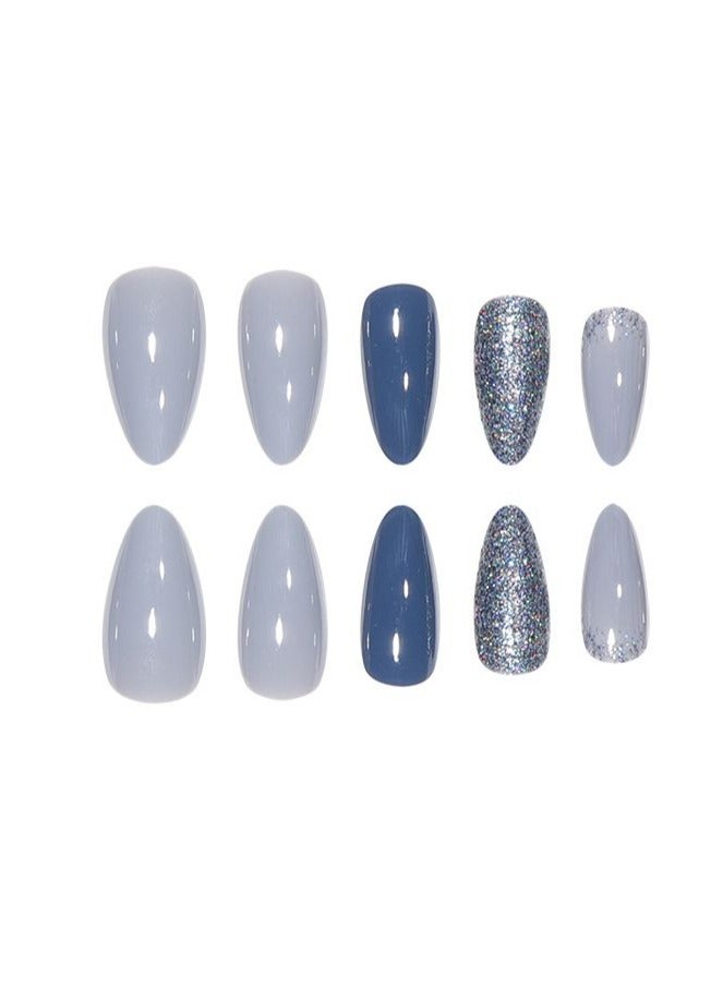 SCHAVO Blue Gray Glitter 24Pcs Short Fake Nails 24Pcs Nail Kit for Girls - Image 3
