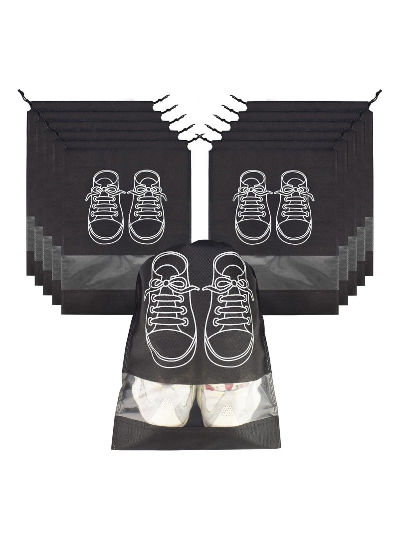 10PCS Travel Shoe Bags with Drawstring, Large Non-Woven Storage Organizers for Men and Women, Stylish Black Pattern, Portable Clear Pouches for Easy Shoe Storage.  - Image 1