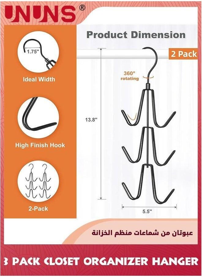 UNUNS 2 Pack Belt Hanger,Tie Rack Hanger for Closet,Hat Organizer Baseball Caps,360°Rotating Purse Holder,Hat Rack,6 Hooks Hangers Space Saving Bag,Headband,Black  - Image 3