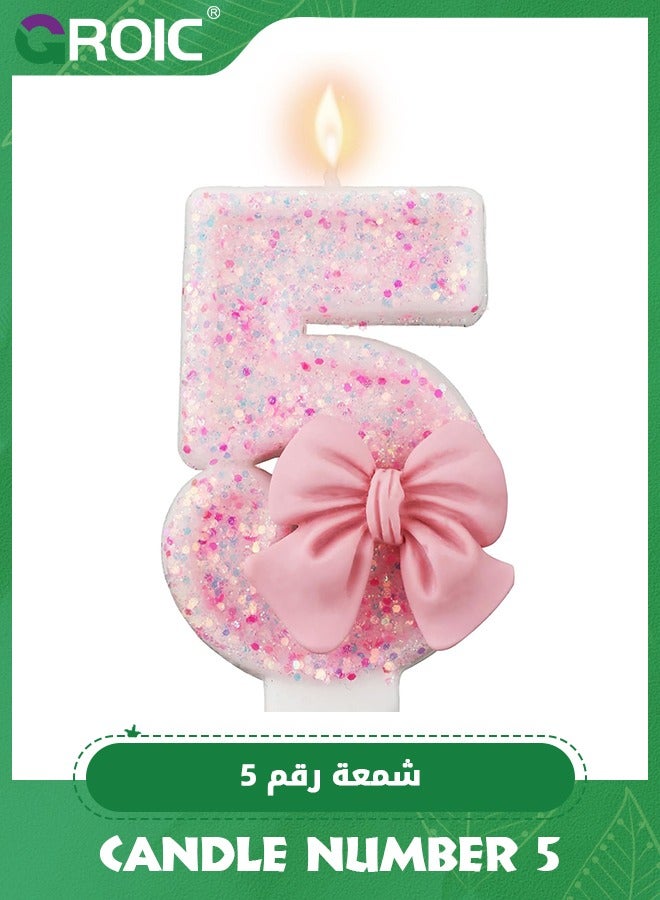 GROIC Number Birthday Candle, 3D Bow Designed Glitter Pink Number Candles for Kids ​Birthday Party Pink Theme Decorations, Candle Number for Wedding Anniversary Party Supplies (Number 5) - Image 1