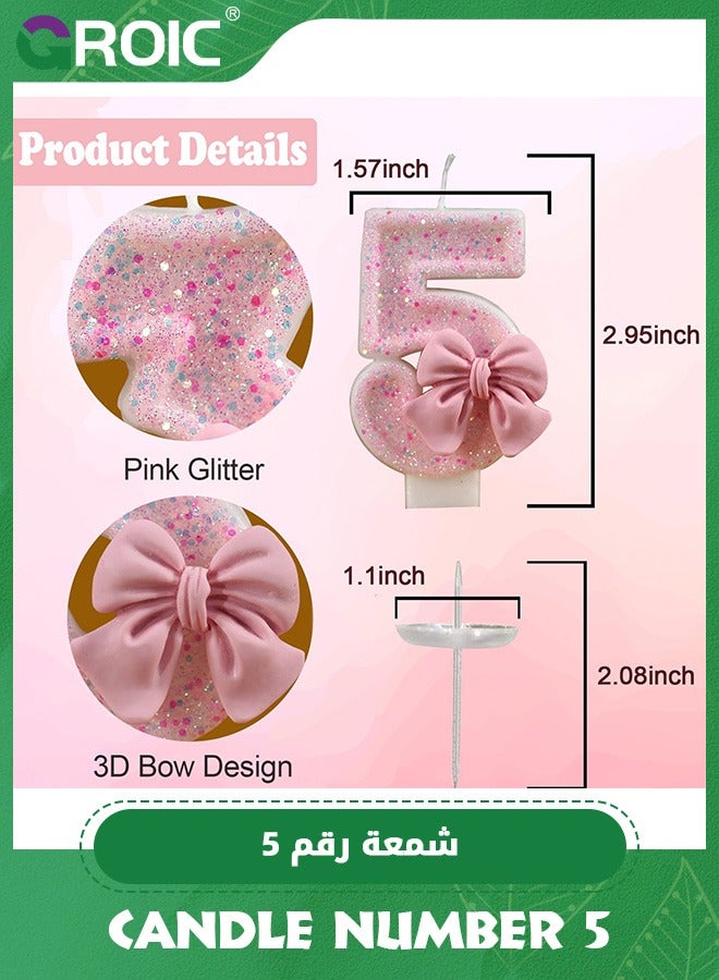 GROIC Number Birthday Candle, 3D Bow Designed Glitter Pink Number Candles for Kids ​Birthday Party Pink Theme Decorations, Candle Number for Wedding Anniversary Party Supplies (Number 5) - Image 2