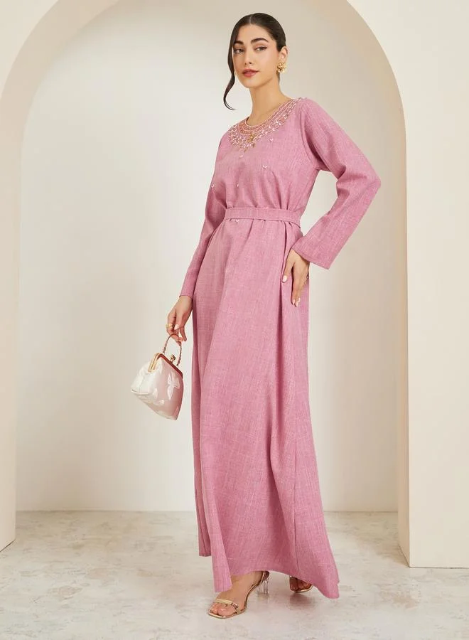 Women Pink Embroidered Belted Jalabiya