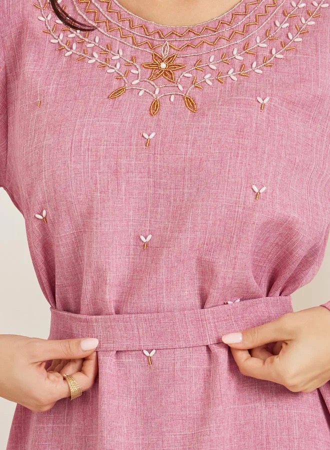 Amirah Women Pink Embroidered Belted Jalabiya