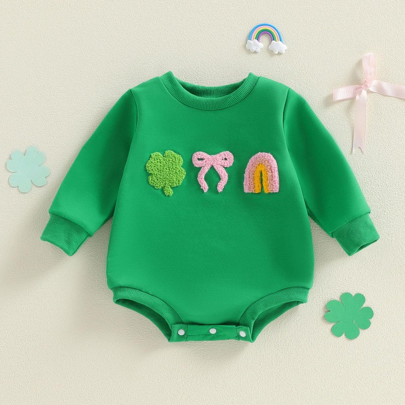 Rourufy St Patricks Day Baby Girl Outfit Shamrock Bow Bubble Romper Sweatshirt Newborn Infant Onesie Top Spring Clothes (K Shamrock Bow Green, 6-12 Months) - Image 5