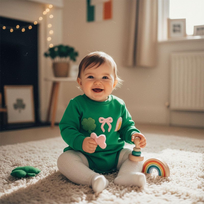 Rourufy St Patricks Day Baby Girl Outfit Shamrock Bow Bubble Romper Sweatshirt Newborn Infant Onesie Top Spring Clothes (K Shamrock Bow Green, 6-12 Months) - Image 4