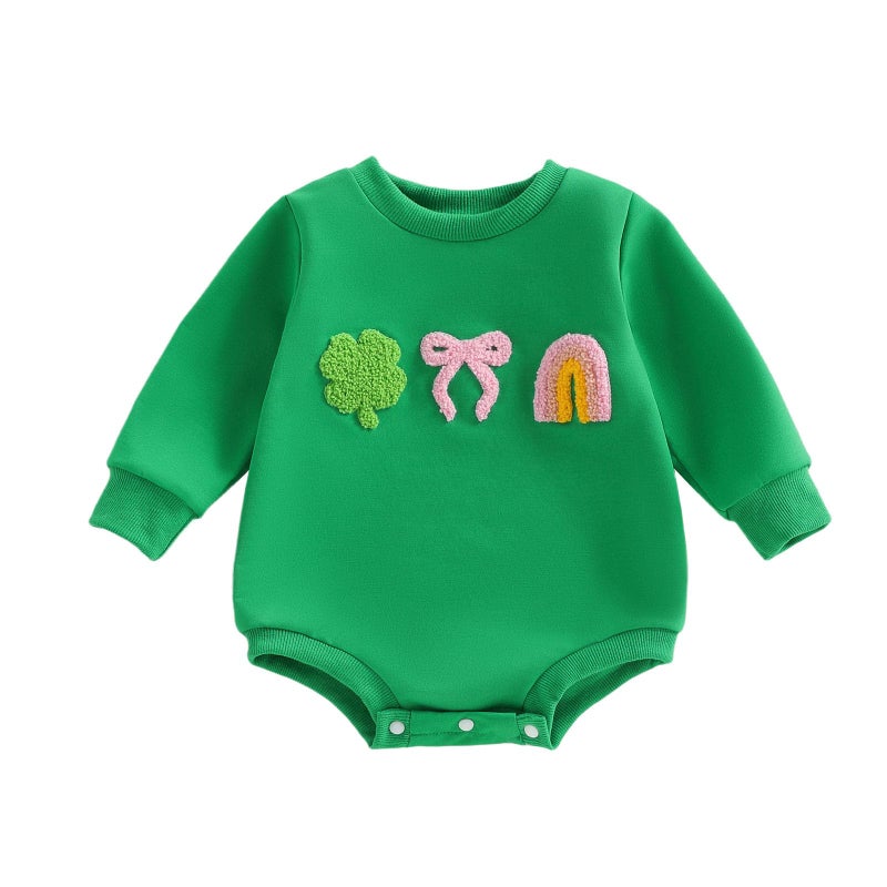 Rourufy St Patricks Day Baby Girl Outfit Shamrock Bow Bubble Romper Sweatshirt Newborn Infant Onesie Top Spring Clothes (K Shamrock Bow Green, 6-12 Months) - Image 1