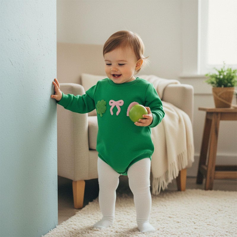 Rourufy St Patricks Day Baby Girl Outfit Shamrock Bow Bubble Romper Sweatshirt Newborn Infant Onesie Top Spring Clothes (K Shamrock Bow Green, 6-12 Months) - Image 2