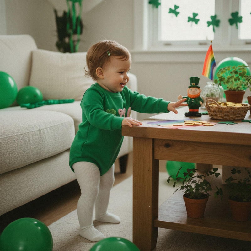 Rourufy St Patricks Day Baby Girl Outfit Shamrock Bow Bubble Romper Sweatshirt Newborn Infant Onesie Top Spring Clothes (K Shamrock Bow Green, 6-12 Months) - Image 3