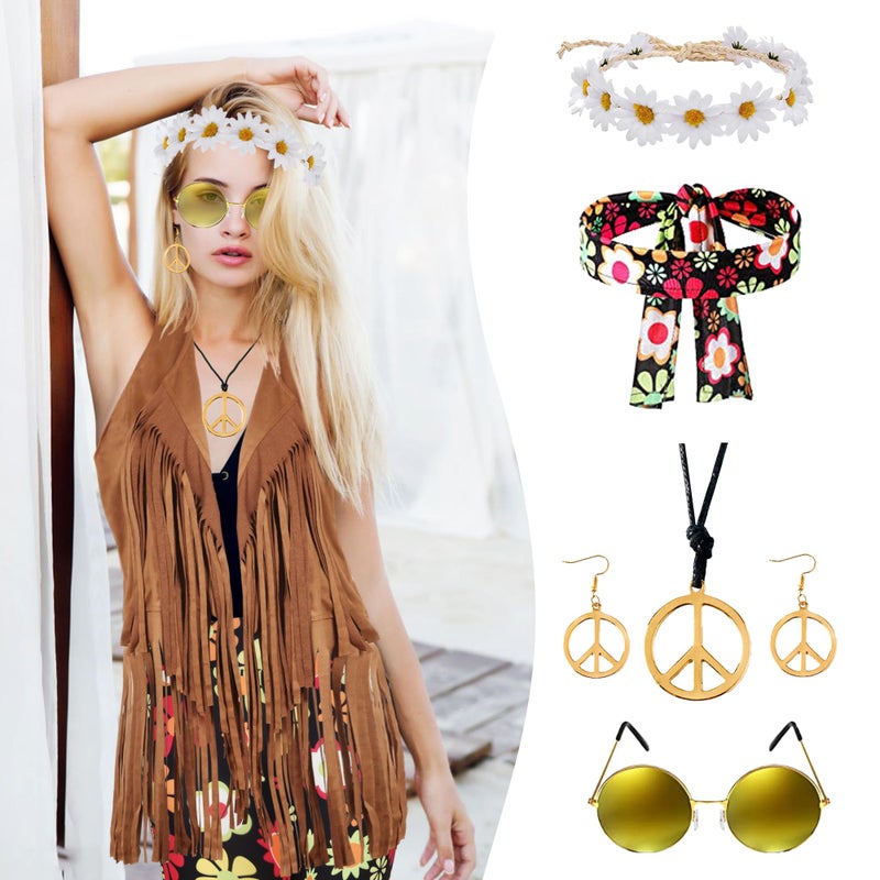 CICOCI 60s 70s Outfit For Women Hippie Costume 8pcs Fringe Vest Flared Pants Costume Peace Sign Necklace Earrings - Image 3