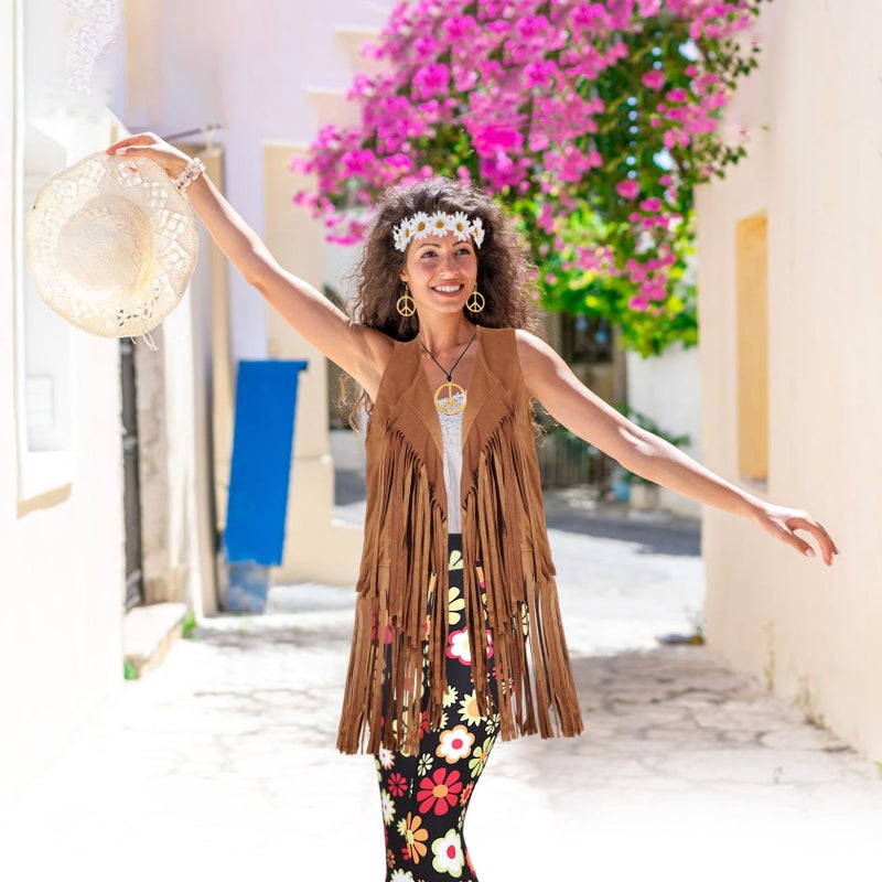 CICOCI 60s 70s Outfit For Women Hippie Costume 8pcs Fringe Vest Flared Pants Costume Peace Sign Necklace Earrings - Image 4