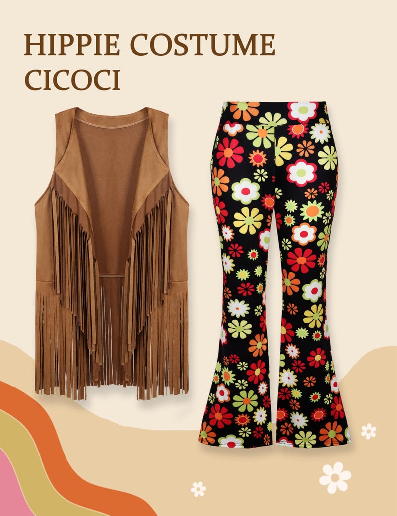 CICOCI 60s 70s Outfit For Women Hippie Costume 8pcs Fringe Vest Flared Pants Costume Peace Sign Necklace Earrings - Image 2