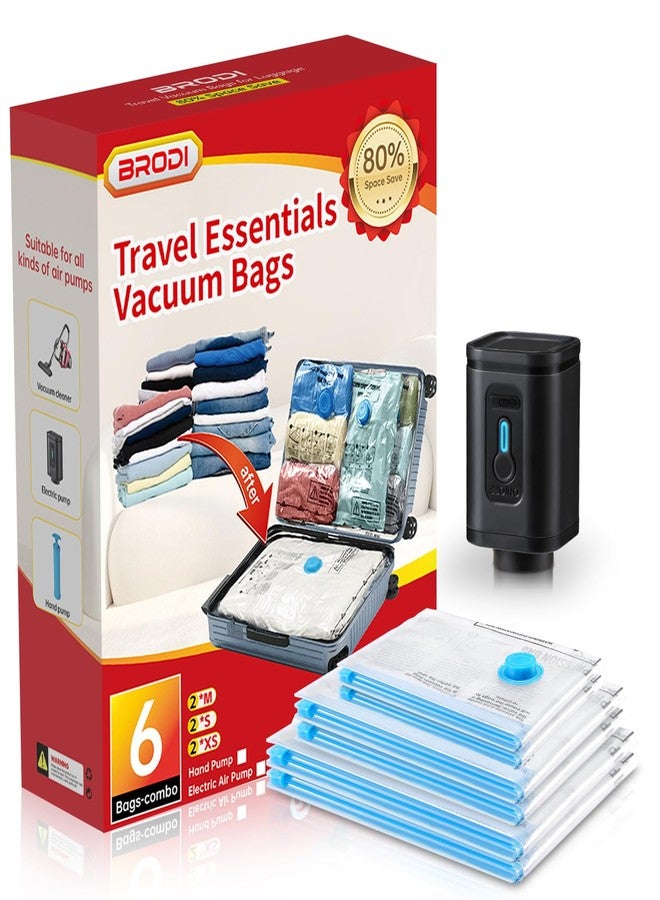 BRODI 6 Combo Pack Travel Vacuum Bags with Pump - Compression Bags for Travel,Vacuum Storage Bags for Space Saver & Travel Essentials,Vacuum Seal Bags for Clothing,Travel Vacuum Bags for Luggage - Image 1