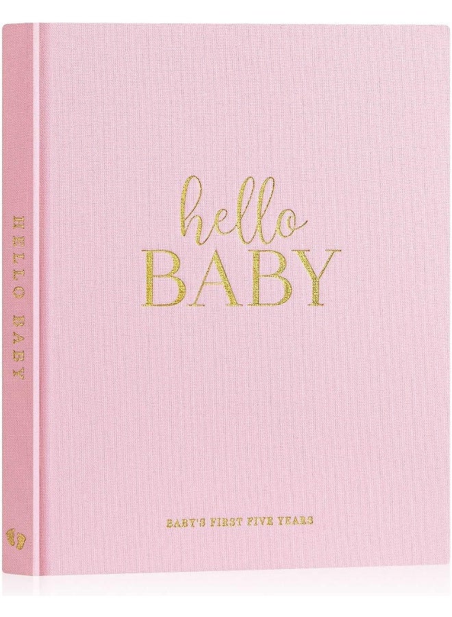 Lanpn Hello Baby First 5 Year Memory Book for Boy Girl - Linen Hardcover Keepsake for New Parents - Newborn Journal Scrapbook Photo Album Milestone Book (Pink, 154 Pages) - Image 1