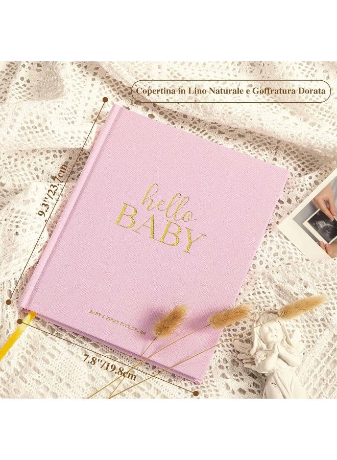 Lanpn Hello Baby First 5 Year Memory Book for Boy Girl - Linen Hardcover Keepsake for New Parents - Newborn Journal Scrapbook Photo Album Milestone Book (Pink, 154 Pages) - Image 2