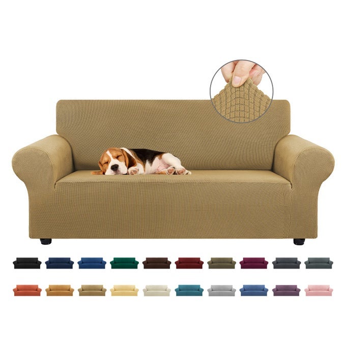 STRETCH LOVESEAT SOFA COVER SLIPCOVERCOUCH COVERS FOR 2 CUSHION COUCH SOFA 5579 FURNITURE PROTECTOR SOFA WITH ELASTIC BOTTOM FOR KIDSDOG JACQUARD SMALL CHECKED MEDIUMTAN