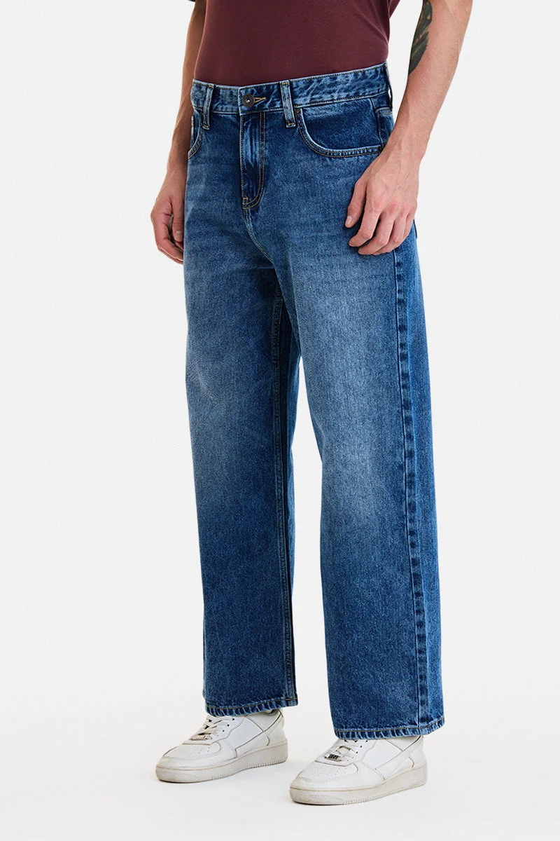 SNITCH Blue Blue Solid Wide Leg Streetwear Jeans for Men | Best Price UAE
