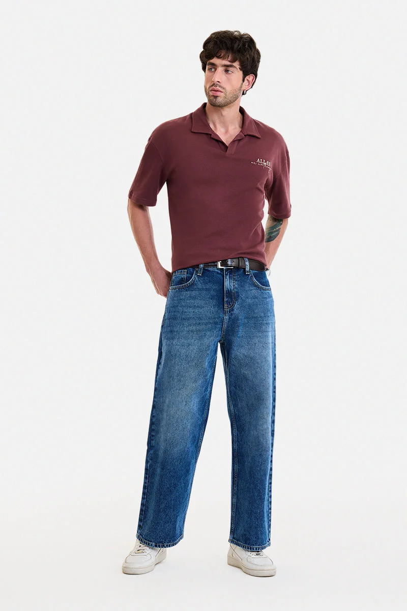 سنيتش Blue Solid Wide Leg Streetwear Jeans