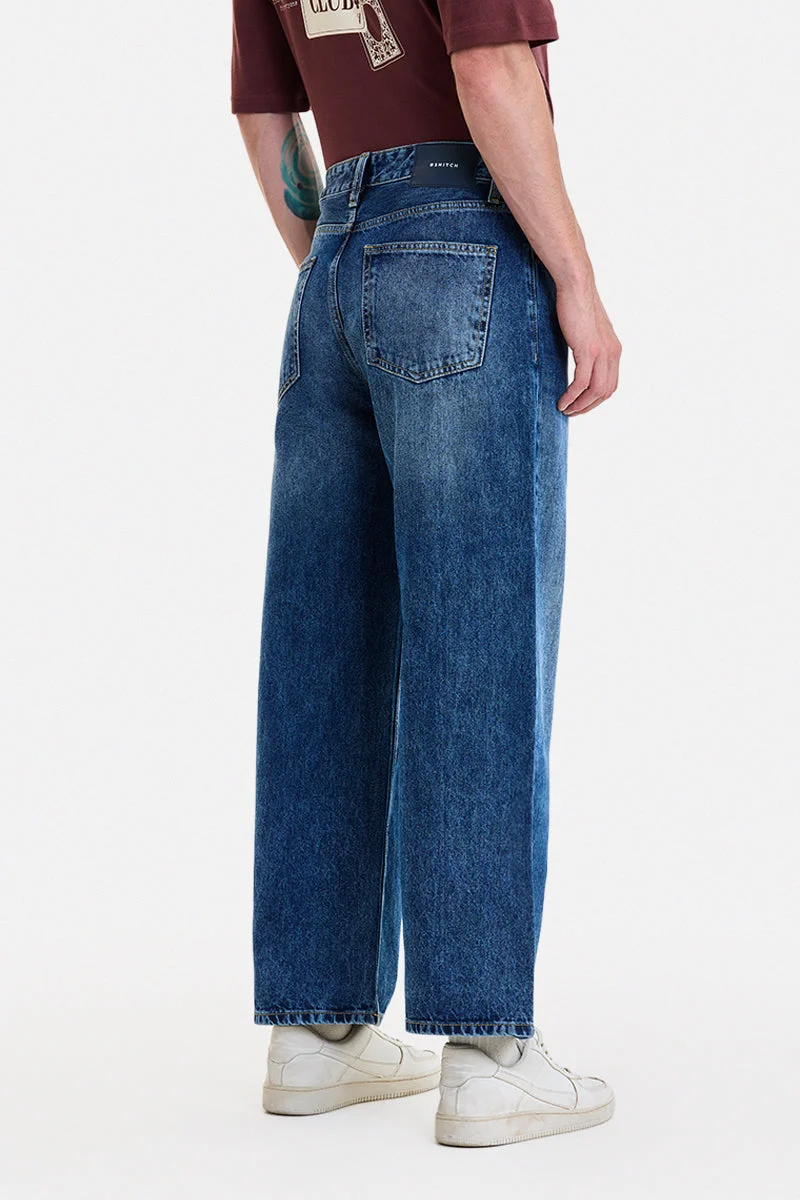 SNITCH Blue Blue Solid Wide Leg Streetwear Jeans for Men | Best Price UAE