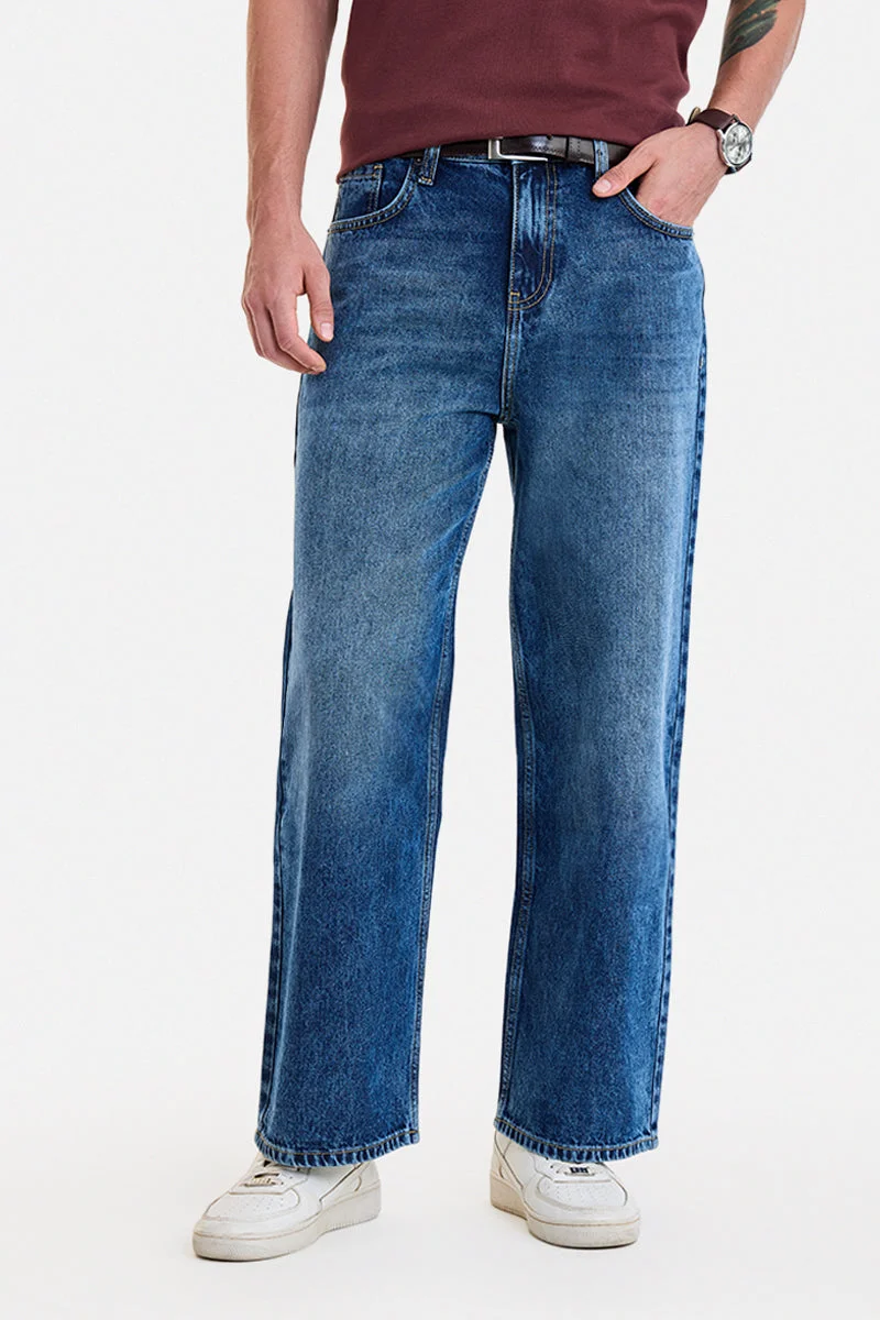 سنيتش Blue Solid Wide Leg Streetwear Jeans
