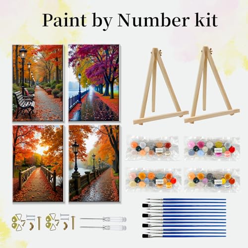 JOOZ 4 Pack Paint by Numbers Kit for Adults with Frame Autumn Landscape Paint by Number with Easel DIY Fall Forest Adult Paint by Number Kits Oil Painting by Numbers for Home Wall Decor 8x12 Inch - Image 3