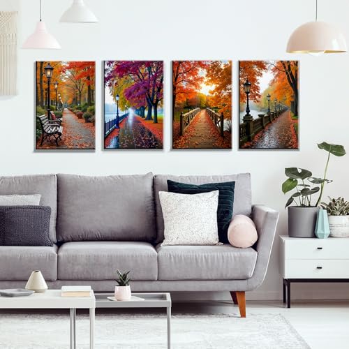 JOOZ 4 Pack Paint by Numbers Kit for Adults with Frame Autumn Landscape Paint by Number with Easel DIY Fall Forest Adult Paint by Number Kits Oil Painting by Numbers for Home Wall Decor 8x12 Inch - Image 2