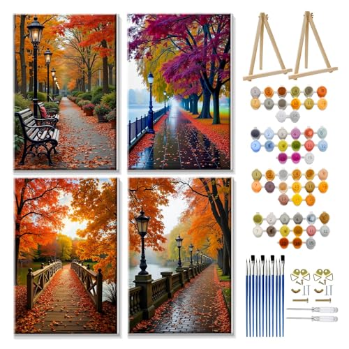 JOOZ 4 Pack Paint by Numbers Kit for Adults with Frame Autumn Landscape Paint by Number with Easel DIY Fall Forest Adult Paint by Number Kits Oil Painting by Numbers for Home Wall Decor 8x12 Inch - Image 1