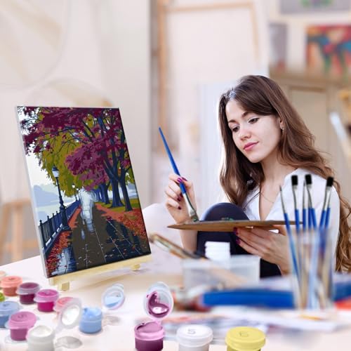JOOZ 4 Pack Paint by Numbers Kit for Adults with Frame Autumn Landscape Paint by Number with Easel DIY Fall Forest Adult Paint by Number Kits Oil Painting by Numbers for Home Wall Decor 8x12 Inch - Image 4